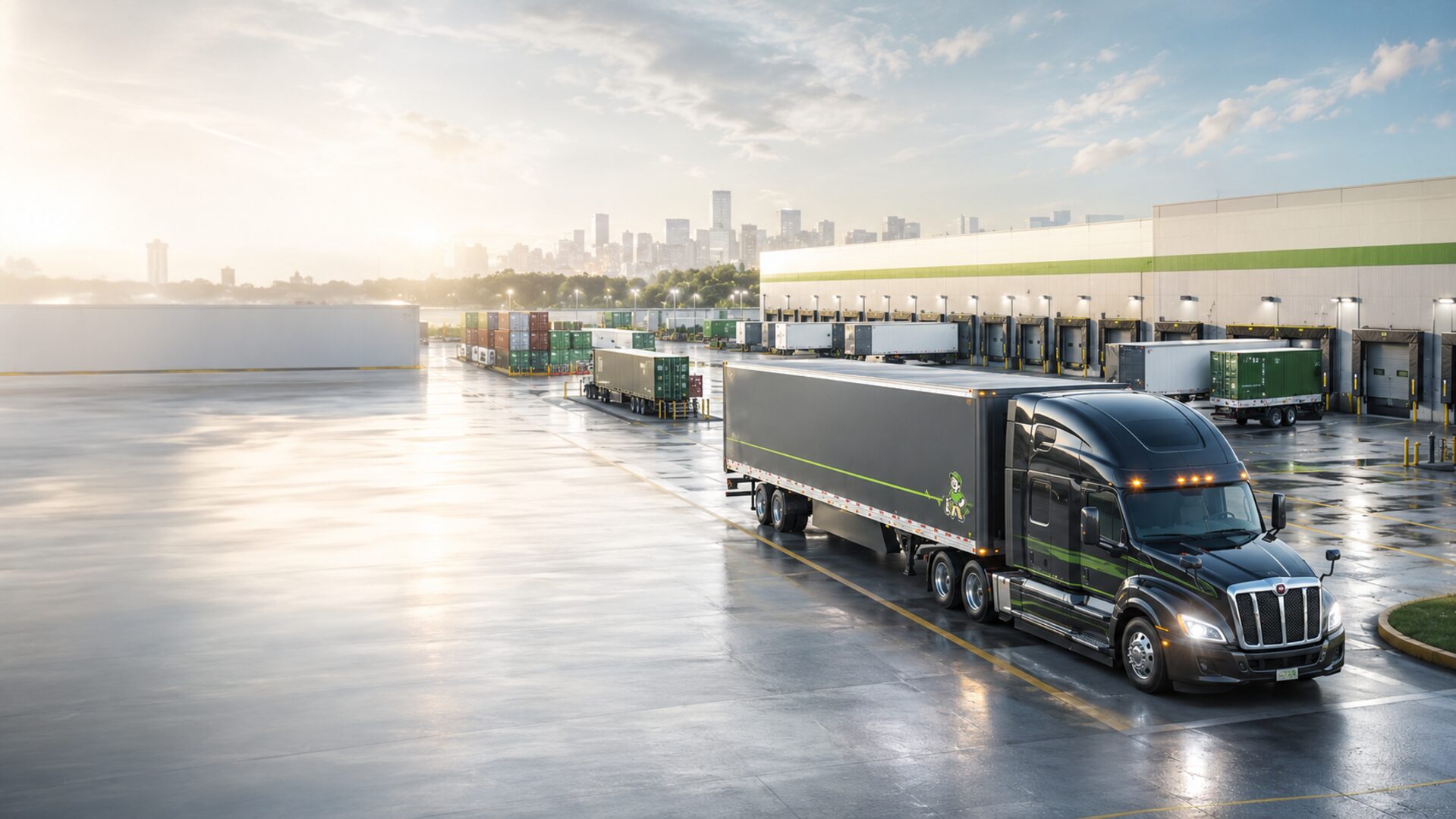 Black semi truck at a modern distribution yard